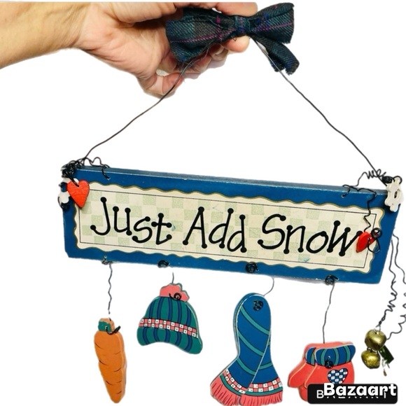 10” sign “Just Add Snow” Christmas Snowman Wood Door Hanger - Picture 1 of 4